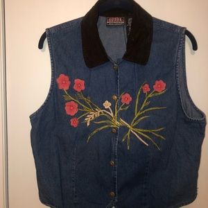 Embroidered Jean Vest with Velvet Collar